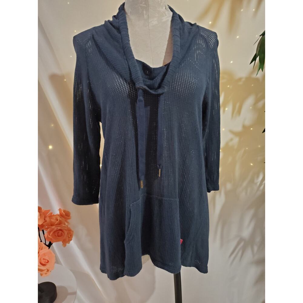 XCVI Mesh Knit Cowl Neck 3/4 Sleeve Hi-Low Pullover Sweater Womens L Coastal